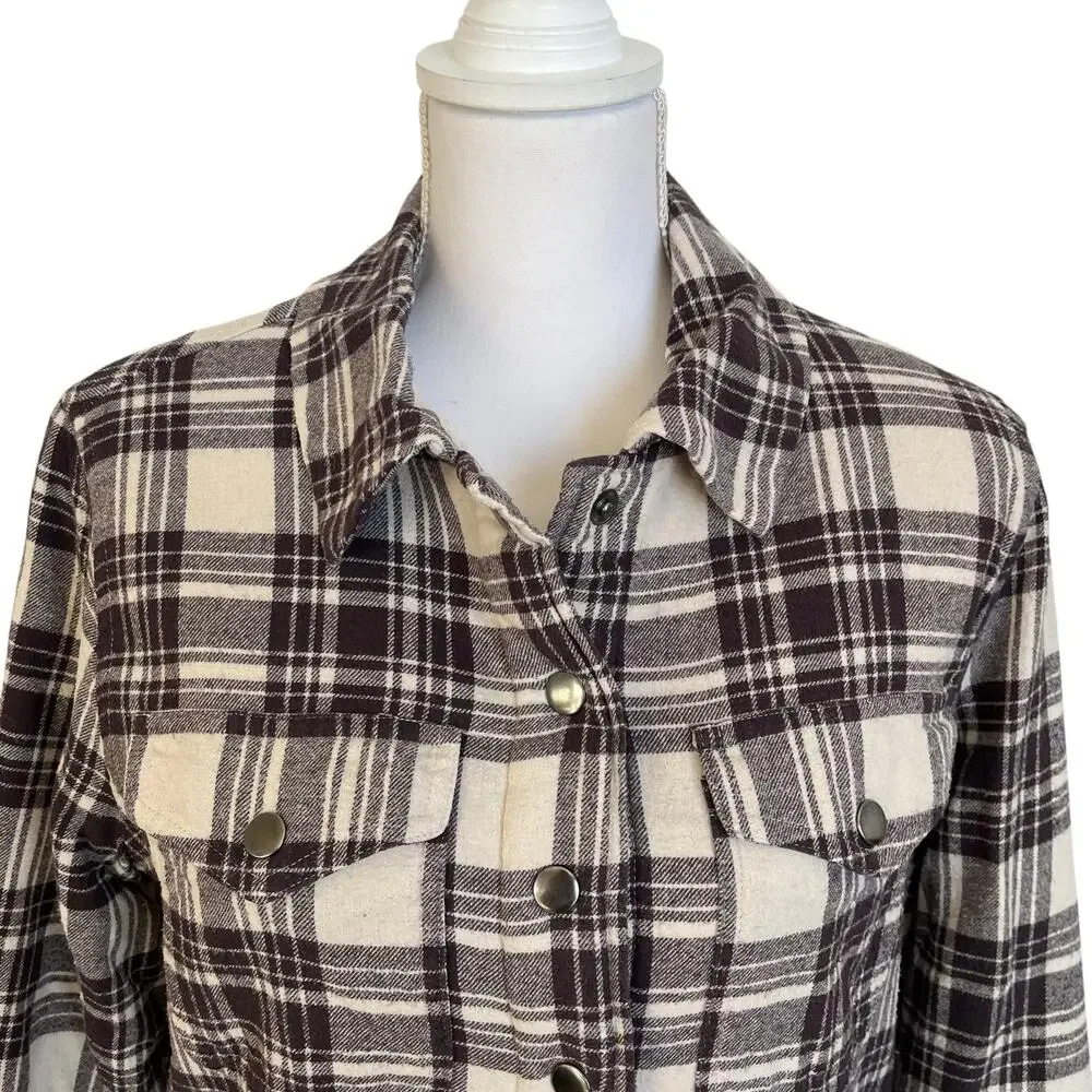 Lucky Brand Women's Jacket Shacket Size Small Sherpa Lined Crop Snaps Plaid